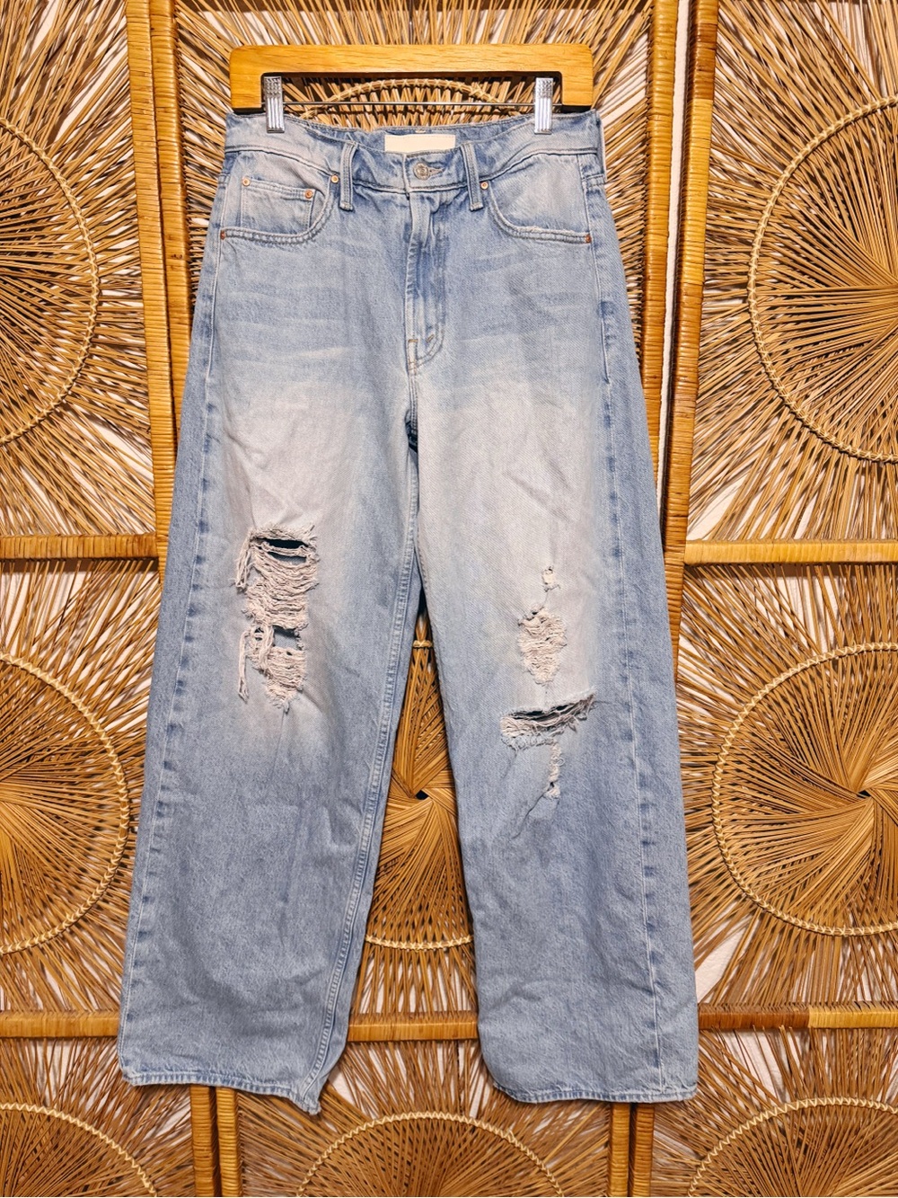 MOTHER Light Blue Distressed Wide-Leg Jeans - Picture 5 of 11